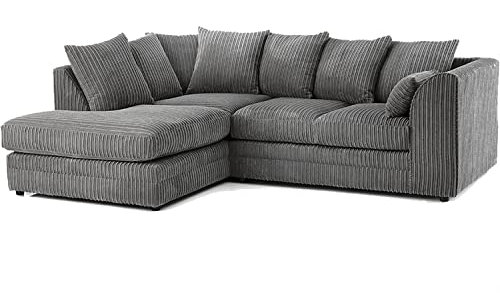New Luxor Fabric Corner Sofa Grey | Soft Jumbo Cord 3-4 Seater Corner Sofa (Grey, Left Hand Facing)