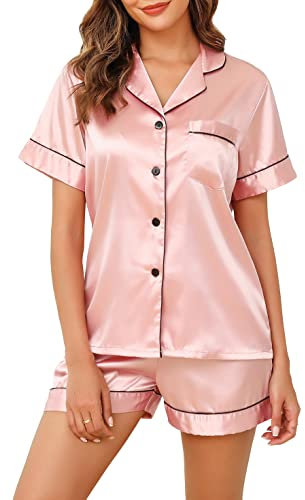 Vlazom Pyjamas for Women, Soft Satin Pjs Set Two Piece Silk Pyjamas for Ladies Button Down Sleepwear Loungewear Pink,M