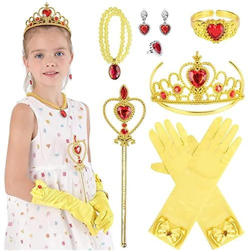 ELSA Prinzessin Dress Up Accessoires Mädchen Eisprinzessin Zubehör ELSA Krone/Zauberstab/Handschuhe/Halskette/Ring/Ohrringe Set Mädchen Prinzessin Schmuck,Yellow