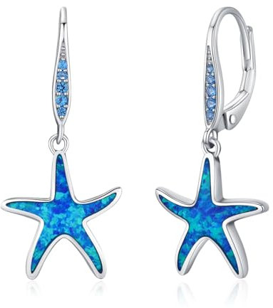 CHENGHONG Seestern Ohrringe Silber 925 Blau Opal Hängend Seestern Ohrringe Mädchen Creolen Klein Opal Schmuck Ozean Seestern Ohrringe für Damen Frauen