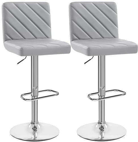 Yaheetech Barstools Set of 2, PU Leather Adjustable Swivel Bar Stools, Dining Stools with Footrest for Kitchen Island Counter/Home Bar, Light Grey