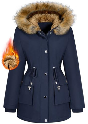Xnova Cappotto Donna Invernale, Parka Impermeabile con Cappuccio Antivento, Media Lugghezza Giacca Foderato in Pile Pelliccia Sintetica Caldo ed Elegante Cappotti Outdoor Autunno Inverno (Blu, L)