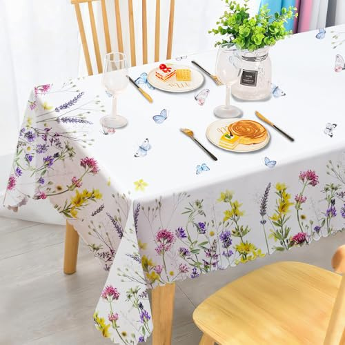 iEvery Floral Lavender Tablecloth Rectangular Wipe Clean Table Cloth Polyester Waterproof Circular Table Cover Wipeable for Home Dinning Kitchen Garden Picnic Patio Party Outdoor, 110x140cm