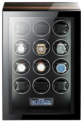 PAHION Luxuriöse Automatische Uhrenbeweger Box Für 12 Uhren Automatische Uhrenbeweger Mit Integrierte LED-Beleuchtung Und LCD-Touchscreen-SteuerungRuhiger Mabuchi Motor Verstellbar Uhrenkissen