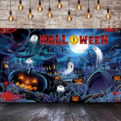 Halloween Banner - Großes Happy Halloween Hintergrund Deko für Horror Party - Kürbis, Geister, Schläger, Hexen Fotohintergrund - Garten Indoor Outdoor 180 X 110 cm (Blau)