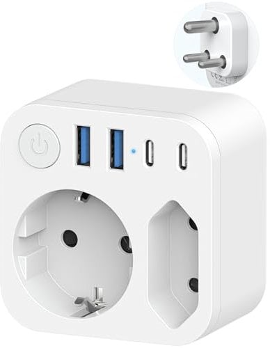 Adattatore da Viaggio Germania-India Con 4 USB (2 Type-C), 2 Adattatori per Uscita India, Spina Schuko a Tipo D per Sri Lanka, Nepal, Bianco
