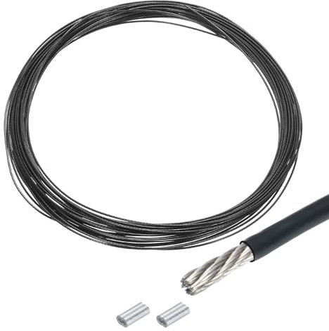 QUARKZMAN 10m Cable de Acero Inoxidable 304, 1.2mm OD Kit de Cuerda de Alambre con 2pcs Doble Orificio Aluminio Mangas PVC Recubierto para Cuerda Tendedero, Suspensión, Planta, Negro