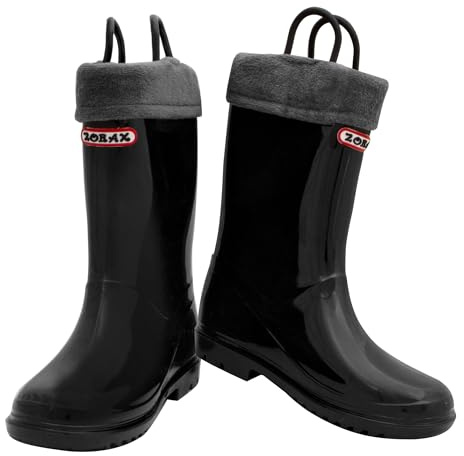Zorax Stivali da pioggia impermeabili per bambini con manico e fodera calda rimovibile per bambini, stivali di gomma unisex, Nero , 24 EU
