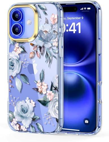 luolnh Case for iPhone 16 for Women Girls,Cute Clear Floral Pattern Hard Back Phone Cover for iPhone 16 6.1 inch 2024-Blue