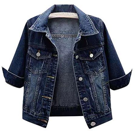 Jeans Jacket for Women,Women's Button Down Half Sleeve Cropped Denim Jean Jacket Ladies Retro Lightweight Jackets,Dark Blue,S,A209S