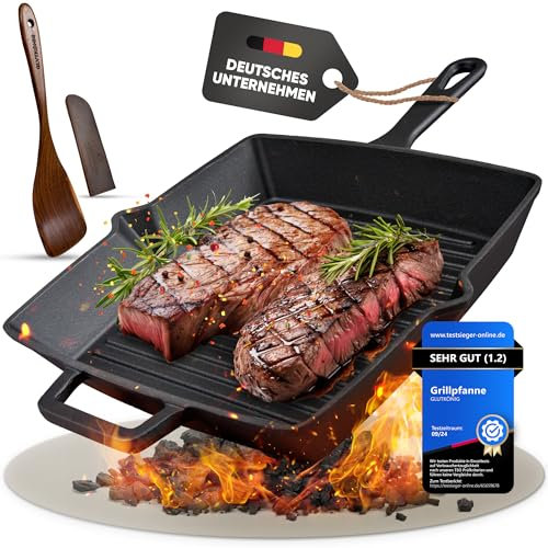GLUTKÖNIG Grillpfanne Induktion 26cm - Emaillierte Cast Iron Pan, Gusseisenpfanne [Kein Einbrennen Nötig] Grillpfanne Set, Pfanne Gusseisen Perfekt für alle Grill/Herdarten