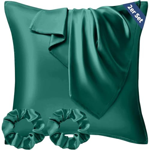 Seiwohl Satin Kissenbezug 80x80 2er Set, Weich wie Seidenkissenbezug Silk Pillowcase, Vegane Seide Kopfkissenbezug Kissenhülle Seidenkopfkissen für Haar und Haut mit Haargummis, Dunkelgrün