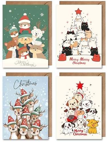 WBdesignz 4er Set Weihnachten Karte mit Umschlag - Merry Christmas Weihnachtskartenset X-Mas Tiere Tannenbaum Katze Hund Rentier Schnee Heiligabend Adventszeit Weihnachtsgruß (DIN A6)