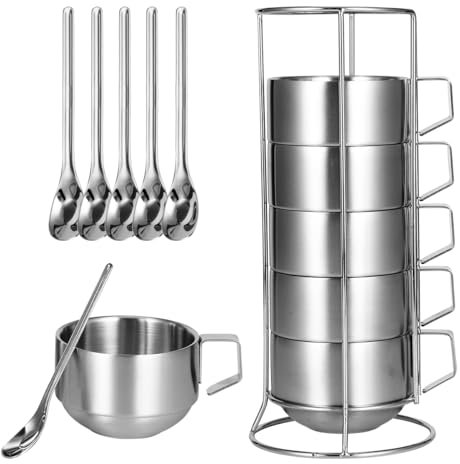 JUANALINE Stackable Stainless Steel Mugs, Set of 6 with Spoons & Stand, 250ml Cups for Drinks Latte Cappuccino Tea, Coffee Cup for Housewarming Birthday Gift