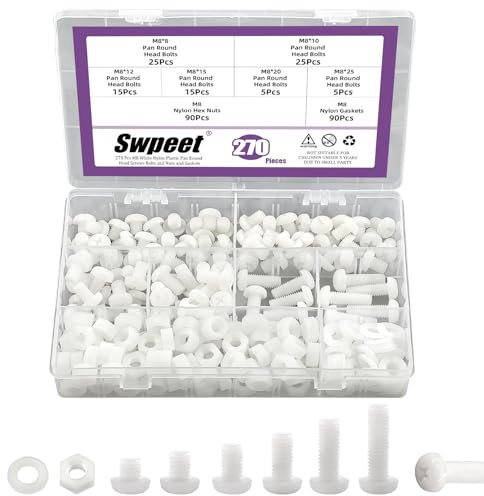 Swpeet Lot de 170 vis à tête ronde M8 en nylon blanc avec écrous hexagonaux et joints, 6 tailles, vis à tête ronde cruciforme en nylon, vis à métaux en plastique nylon, longueur 8/10/12/15/20/25 mm