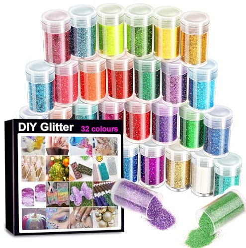 Jatidne Fine Glitters for Resin Casting 32 Colours Sparkle Resin Accessories Epoxy Glitter Craft for Wax Melts Nail Art Wedding Paint Decorations