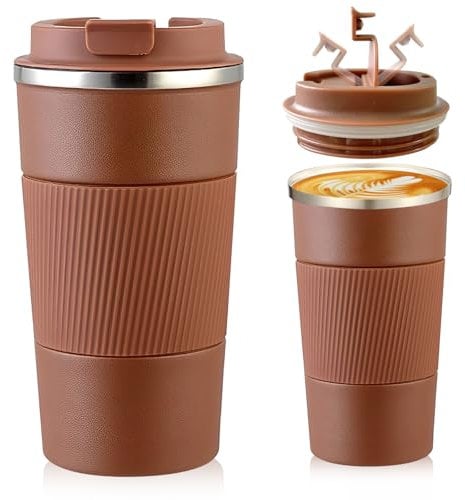 Senshuomy Travel Mug, Insulated Coffee Cup with Leakproof Lid, Reusable Coffee Cups Travel Cup, Stainless Steel thermaol Mug for Hot Cold Drinks (Brown/510ml)