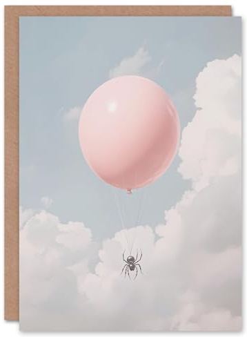 Artery8 Greeting Card Spider Travel Floating in Sky with a Pink Balloon Blank For Him Or Her Art Farewell Card