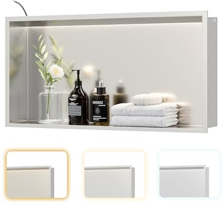 Neohomee Wandnische Dusche Edelstahl mit LED-Licht, Eingebettete Duschnische 60x30cm mit 3 Farben für Badezimmer Aufbewahrung und Dekoration