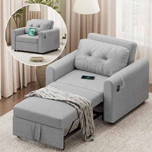 Single Sofa Bed, 3-in-1 Convertible Sleeper Chair with USB & Type-C Ports, Storage Pockets and 3-Position Adjustable Backrest, Linen Fabric Pull Out Couch Bed for Living Room, Bedroom, Grey