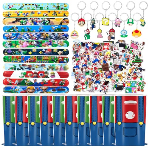 Party Bag Fillers Party Favours Kids- Video Gaming Birthday Gift Bros Party Bags with Goodie Party Bags Slap Bands Stickers Keychains for Boys Kids Birthday Supplies Gaming Gamers Lovers
