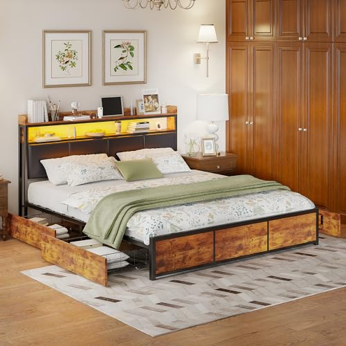 Doppelbett mit Gestell aus Eisen und LED-Lichtern, 140 x 200 cm, Gestell mit 4 Schubladen, aus PU-Leder, Bett mit Stauraum, Lattenrost aus Holz, ohne Matratze, Schwarz
