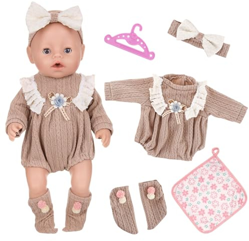 Babypuppenkleidung für 30-36cm Babypuppen, 4 Stück Puppenkleidung Hellbraune Kleine Margeriten Strampler Socke Schleifenkopfschmuck Quadrattuch Kleiderbügel für Weihnachten Geburtstagsgeschenk
