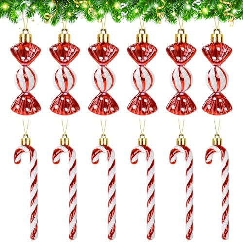 SULOLI Zuckerstangen Weihnachten Deko, 12 Stück Glitzer Weihnachtsbaumschmuck, Süßigkeiten Anhänger mit Kordel