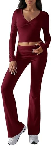 Sukiglam Zweiteiler Damen Streatwear Trainingsanzüge Sportanzug Freizeitanzug Langarm V-Ausschnitt Slim Fit Jogginganzug Tracksuit Lounge Set 2 Teiler Hausanzug Crop Top und Schlaghosen Y2K Outfit