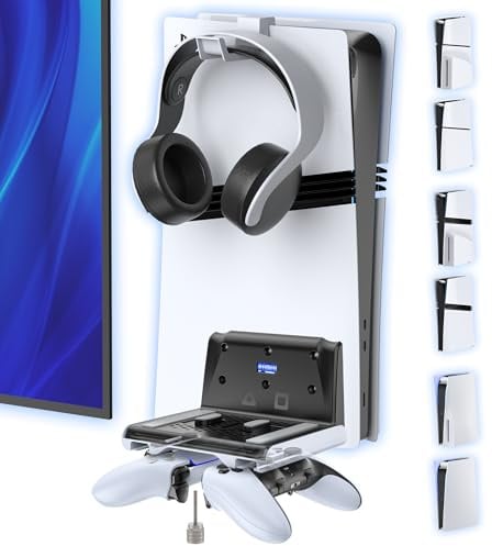 Gersker PS5 Wandhalterung für PS5/PS5 Slim/PS5 Pro Konsole mit Controller-Halterung, PlayStation 5 Wand Halter mit Kopfhörer-Halterung, PS5-Zubehör//Wandhalter PlayStation 5 Schutzfolien