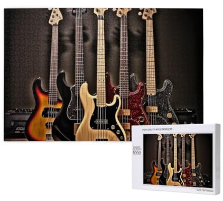 1000 Teile Puzzle mit Aufbewahrungsbox, Gitarre, Bass, Musik, Musikinstrumente, bedrucktes Holzpuzzle 75 x 50 cm, für Erwachsene, Kinder, Familie, Spaß, dekoratives Spiel