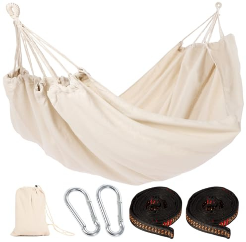 GREENSAPPIRE Cotton Hammock with Comfortable Fabric Tree-Friendly Straps | Carabiners, Durable Portable Hammock with Travel Bag, Ideal for Garden Camping Patio Balcony Indoor & Outdoor (White)