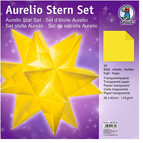 Ursus 15875015 - Faltblätter Aurelio Stern uni, gelb, 33 Blatt, aus Transparentpapier 115 g/qm, ca. 30 x 30 cm, einseitig bedruckt, ideal als zeitlose, elegante Wohndekoration