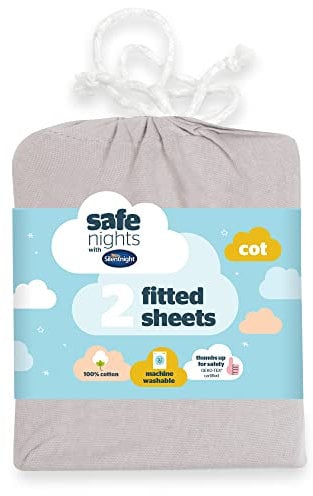 Silentnight Safe Nights Fitted Sheet - Cot Mattress - Breathable 100% Cotton Jersey - Super Soft Kind to Baby Skin - 120x60cm - Secure Fit with Elasticated Corners - 2 Pack, Grey