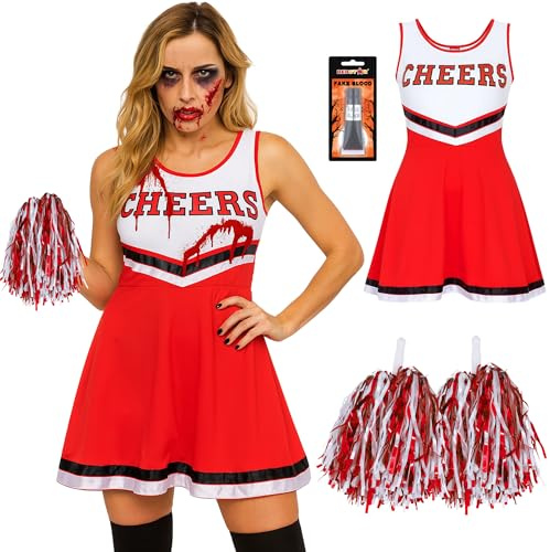 Zombie Cheerleader Kostüm Damen Halloween Gruselig, Kleid mit Pompons | Horror Cheerleader Kostüm Damen mit ärmellosem Kleid, 2 Pompons, Kunstblut: gruseliges Halloween Kostüm Frauen zum Gestalten