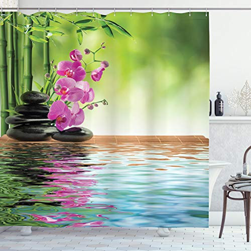 ABAKUHAUS Natur Duschvorhang, Tropic Orchideen-Blume, Stoffliches Gewebe Badezimmerdekorationsset mit Haken, 175 x 200 cm, Farngrün Fuchsienfarben