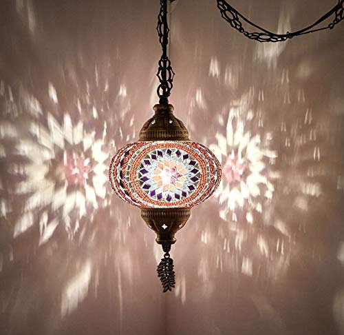 DEMMEX Plafonnier turc marocain en mosaïque, luminaire suspendu avec cordon de 4,5 m, chaîne et prise, lampe à brancher, sans câblage électrique, à brancher sur une prise murale