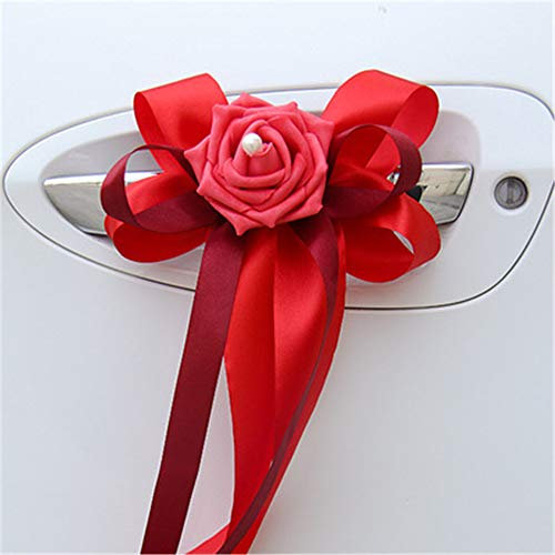 RAILONCH 10pcs Autoschleifen Hochzeit Hochzeitsauto Deko verschönert Rückspiegel Türgriff Dekoration Simulation Blume Hochzeitsauto Dekoration (Rot)