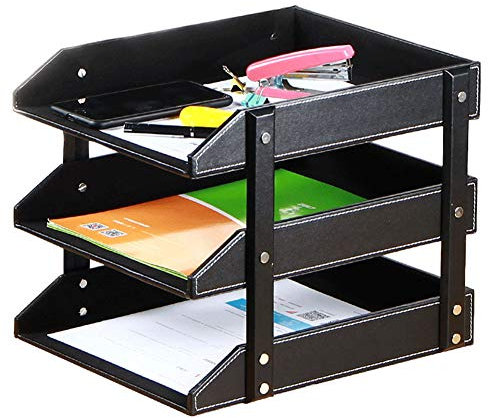 WJYLM Frame Tray Shelf Leder, PU Stapelbar Office File Dokumentenablage Fall Rack Desk File Document Organizer Halter (3-Tray),Schwarz