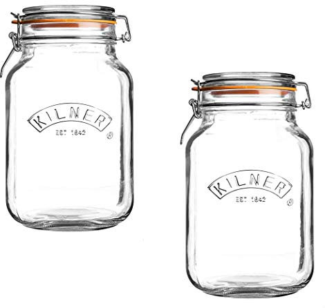 Kilner Square Glass Top Jar with Rubber Seal and Stainless Steel Clip, 1.5 Litre - 2 Pack