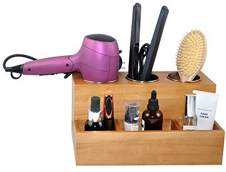Eitida Hair Tools Organizer, Hair Dryer Care Styling Straightener, Flat Iron, Curling Wand, Brushes Holder, Caddy Storage for Vanity & Bathroom, Wall Mount or Sit on Counter, Solid Wood in Tan