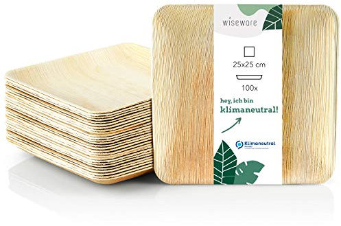 Wiseware - Lot de 100 assiettes à usage unique - En feuilles de palmier - De forme carrée et biodégradables - 25 x 25 cm - Idéales pour les fêtes