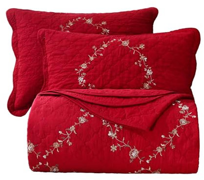 vctops Weihnachts-Tagesdecken-Set mit Blumenstickerei, 100 % Baumwolle, wendbar, Patchwork-Motiv, 1 Steppdecke und 2 Kissenbezüge, 3-teilig, Full-/Queen-Size, rot