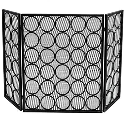 Lüftungsgitter Schmiedeeiserne Kamin-Bildschirm-Partition Tri-Fold-Kreis-Muster mit Netto-Funkenschutz-Bildschirm Home-Kamin-Sicherheitszaun Brandschutz-Surround-Bildschirm ( Color : Black )