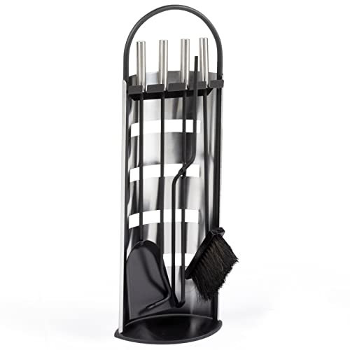 IDMarket - Ensemble serviteur de cheminée Noir INOX 5 éléments Pelle Balai tisonnier Pince avec Support