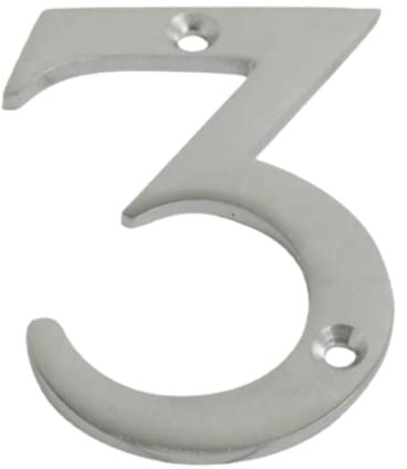 Satin Chrome Door Numbers Screw On 3 Inch Number 3 Door Number Elegant and Bold Door Numerals Suitable for All Door Types Including Wooden uPVC and Composite.