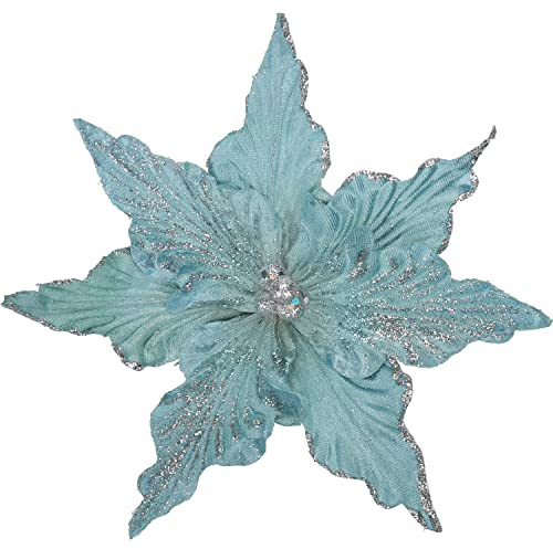 Hollyone 8 Pcs Large Christmas Flowers Decorations Glitter Poinsettia, 9'' Blue Fake Xmas Flowers, Artificial Flower Ornaments for Christmas Tree, New Year, Wedding, Party, Home Decor