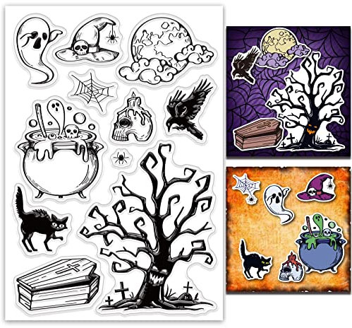 ORIGACH Halloween Verwelkter Baum Katze Kreatur Sarg Silikonstempel Silikondichtung Klarer Stempel für die Kartenherstellung, Dekoration und DIY Scrapbooking