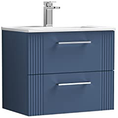 nuie DPF393B Deco Modern Bathroom Wall Hung 2 Drawer Part Fluted Vanity Basin Unit with Minimalist Ceramic Basin, 600mm, Satin Blue