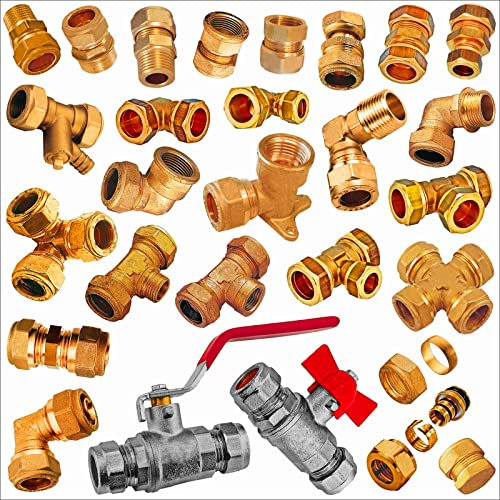 Kugelhahn aus Messing mit Hebelgriff rot mit Klemmring Verschraubung für Kupferrohr Außendurchmesser 22 mm Klemmverschraubung Schraub Fitting für Kupfer CU Rohr Verbinder Muffe Bogen